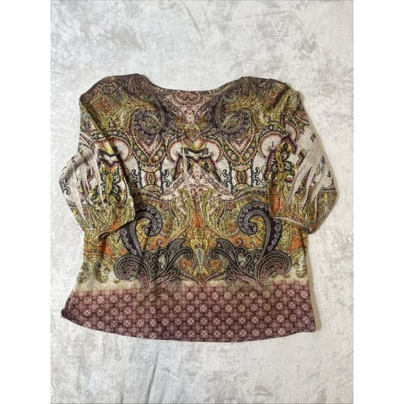 One World 2X Boho Paisley Mixed Print Top Scoop Neck 3/4 Sleeve Stretch Blouse - Picture 9 of 11